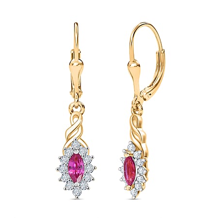 Natural Unheated Ruby, White Zircon Halo Dangling Lever Back Earring in 18K Vermeil Yellow Gold Plated Sterling Silver 1.08 Ct.
