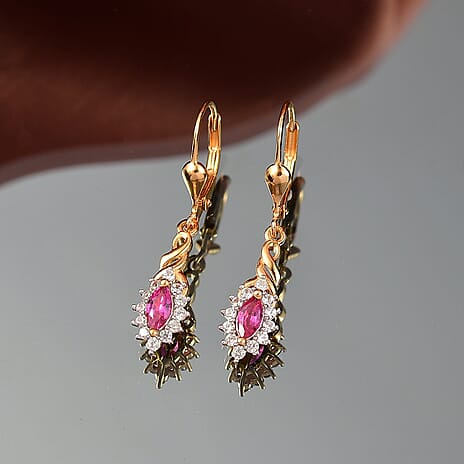 Ruby, White Zircon Solitaire Lever Back Earring in 18K YG VermeilSterling Silver  1.076  Ct.