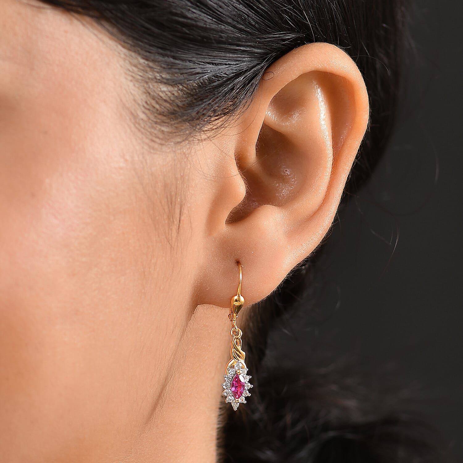 Natural Unheated Ruby & White Zircon Solitaire Lever Back Earring in 18K Vermeil Yellow Gold Plated Sterling Silver 1.08 Ct.