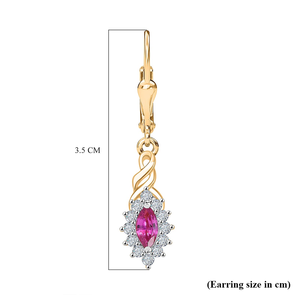Natural Unheated Ruby & White Zircon Solitaire Lever Back Earring in 18K Vermeil Yellow Gold Plated Sterling Silver 1.08 Ct.