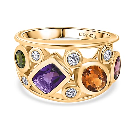 Designer Inspired  - African Amethyst & Multi Gemstones Cluster Ring in 18K Vermeil Yellow Gold Plated Sterling Silver 2.45 Ct