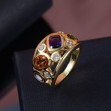 Designer Inspired  - African Amethyst & Multi Gemstones Cluster Ring in 18K Vermeil Yellow Gold Plated Sterling Silver 2.45 Ct