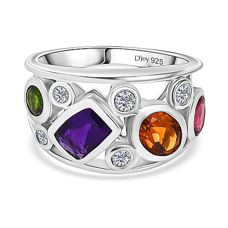 Designer Inspired  - African Amethyst & Multi Gemstones Cluster Ring in Platinum Overlay Sterling Silver 2.45 Ct