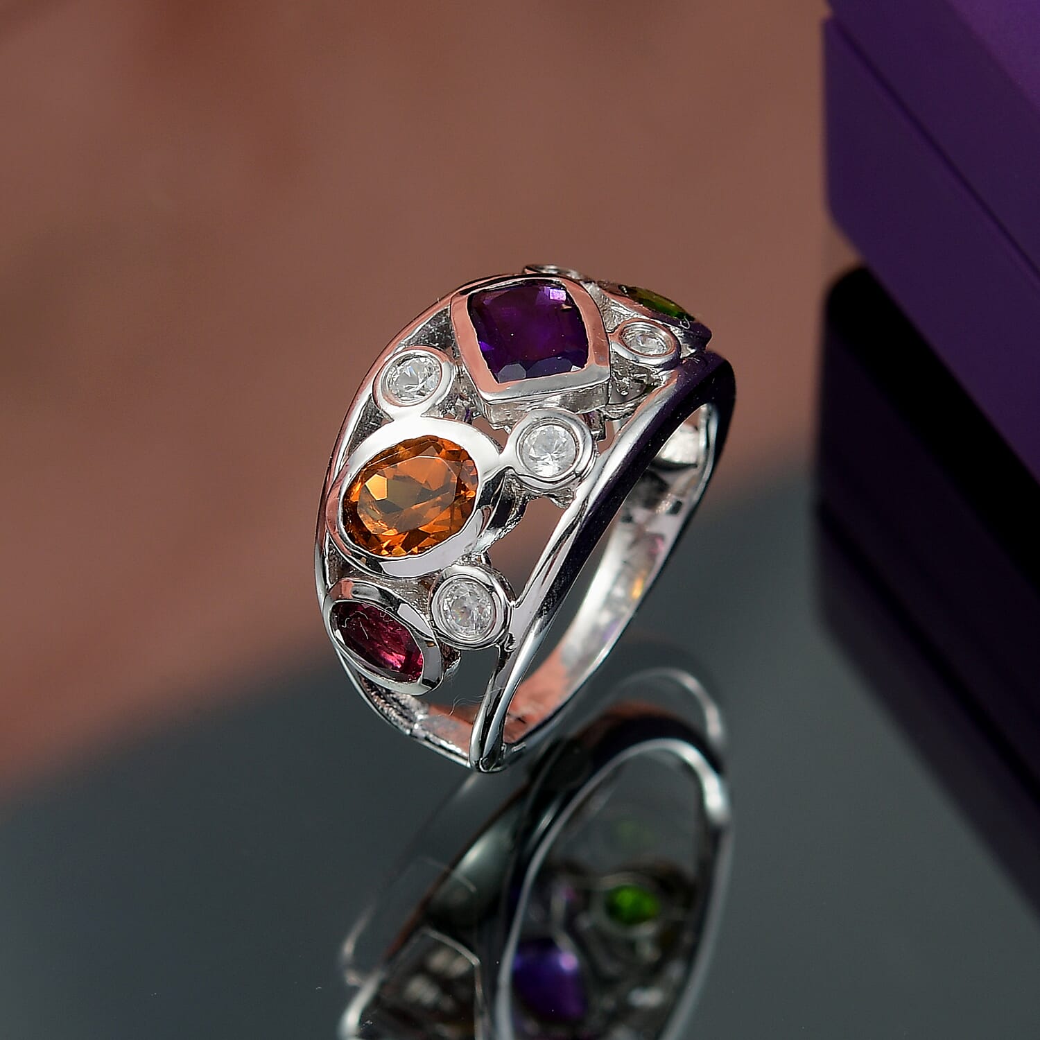 Designer Inspired - African Amethyst & Multi Gemstones Cluster Ring in Platinum Overlay Sterling Silver 2.45 Ct