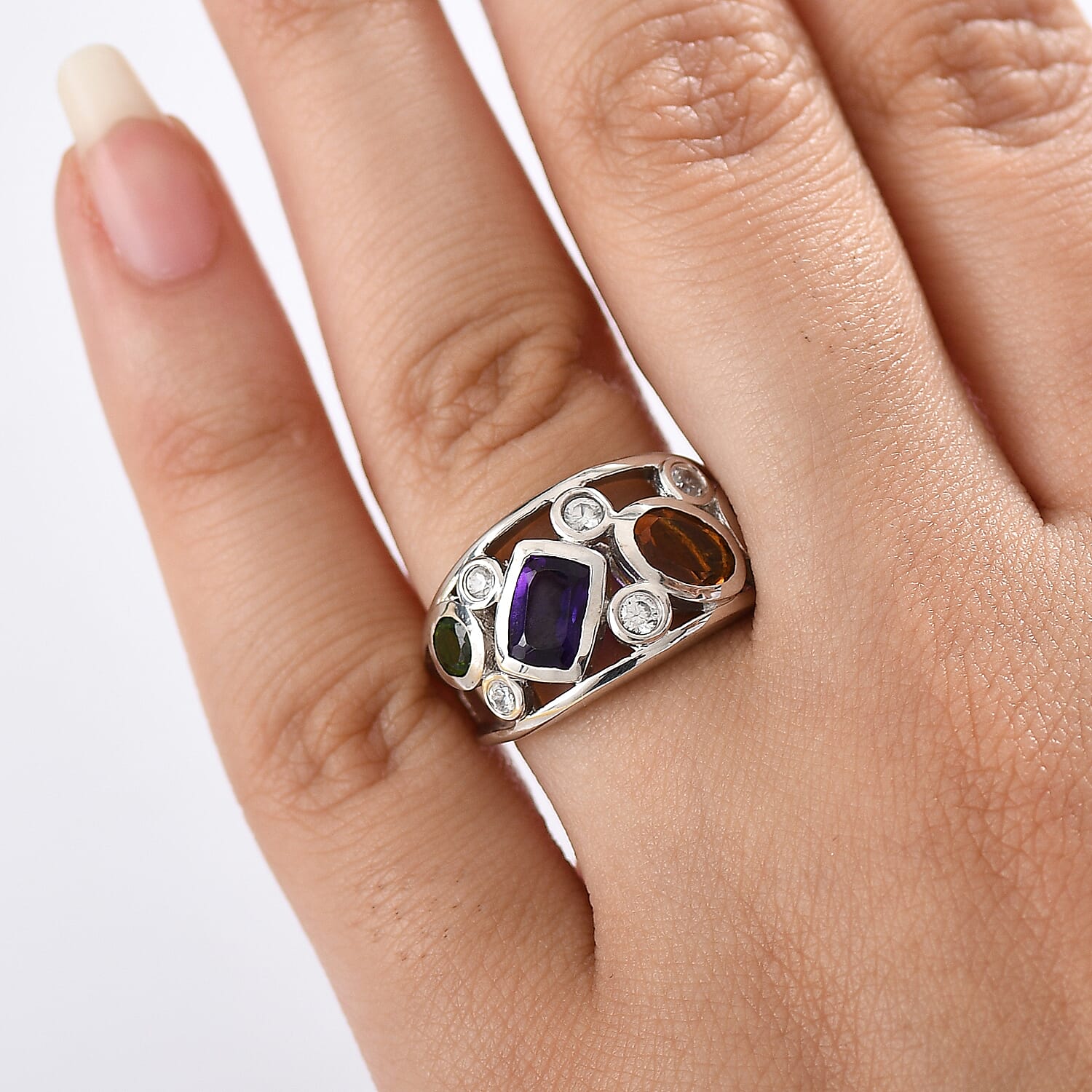 Designer Inspired - African Amethyst & Multi Gemstones Cluster Ring in Platinum Overlay Sterling Silver 2.45 Ct