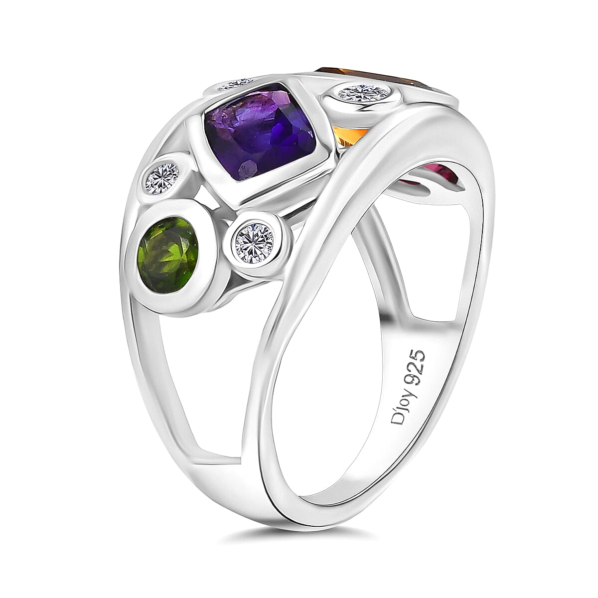 Designer Inspired - African Amethyst & Multi Gemstones Cluster Ring in Platinum Overlay Sterling Silver 2.45 Ct