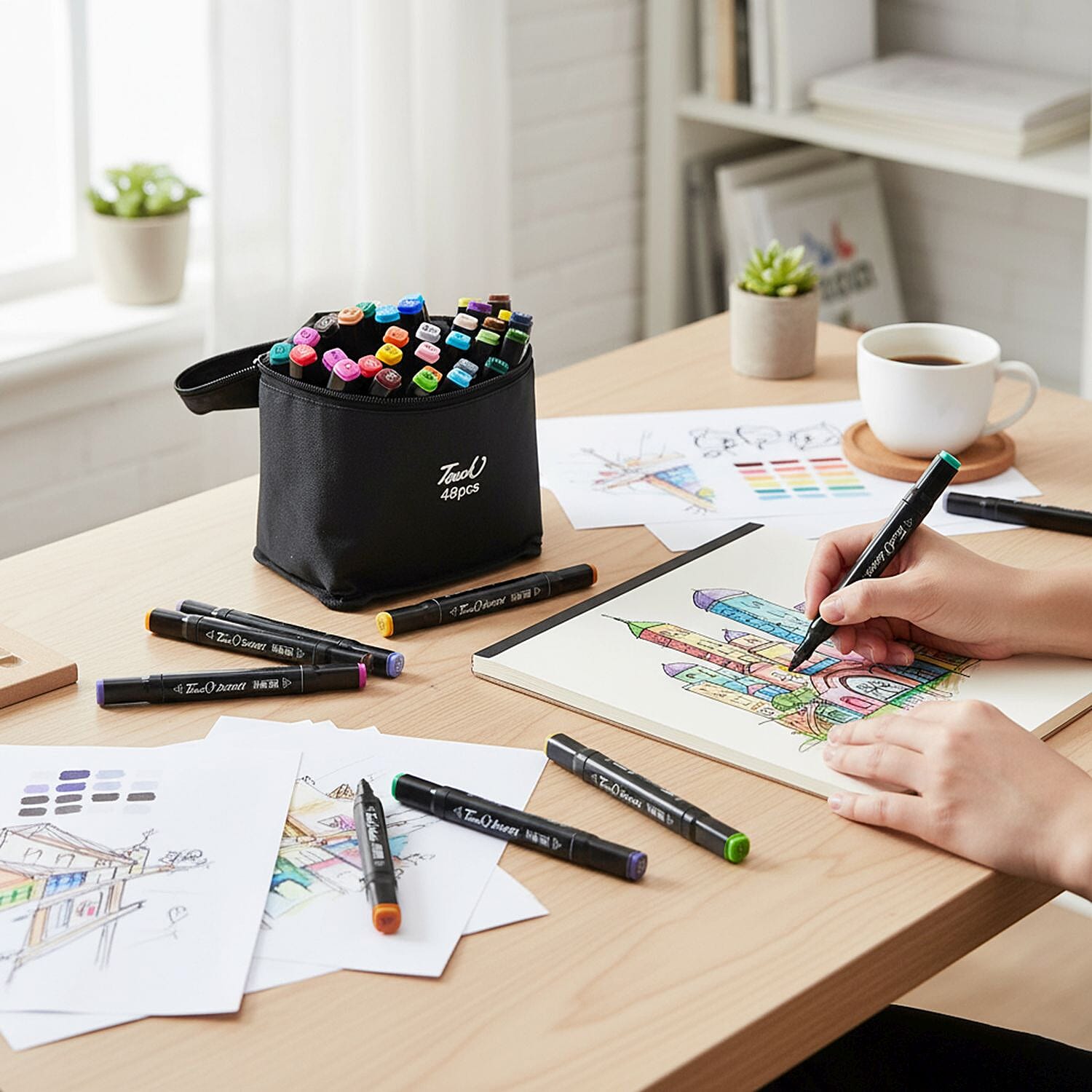 Set of 48 Dual Tip Marker Pens with Portable Storage Bag