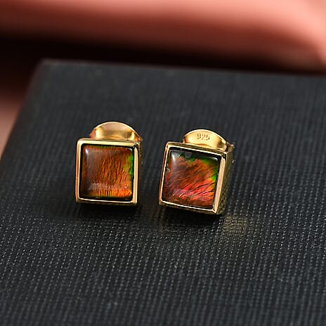 D’joy Ammolite Solitaire Stud Push Post Earring in 18K YG VermeilSterling Silver  2.120  Ct.