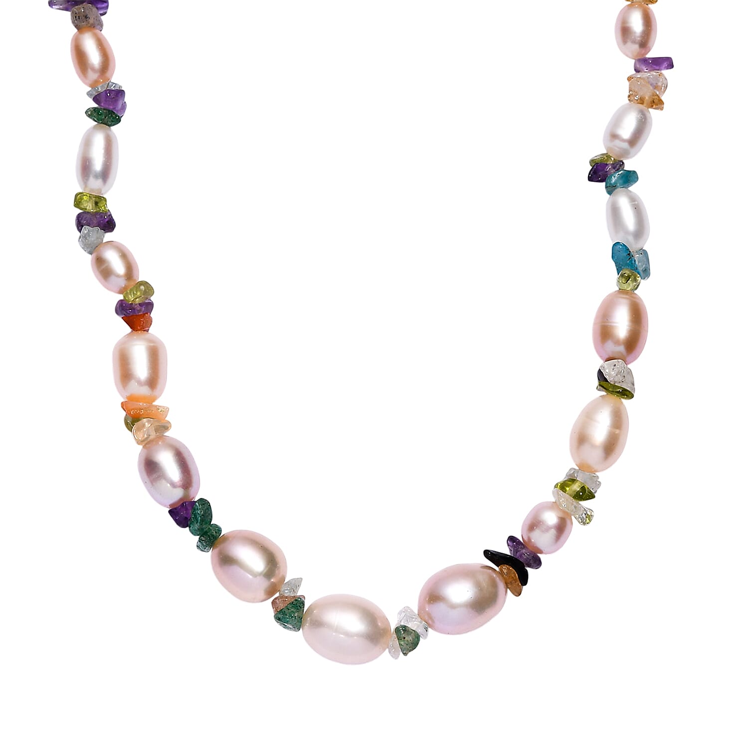 Multi Color Fresh Water Pearl & Multi Gemstones Necklace (Size - 18-2 Ext) with Lobster Clasp in Rhodium Overlay Sterling Silver 95.00 Ct.