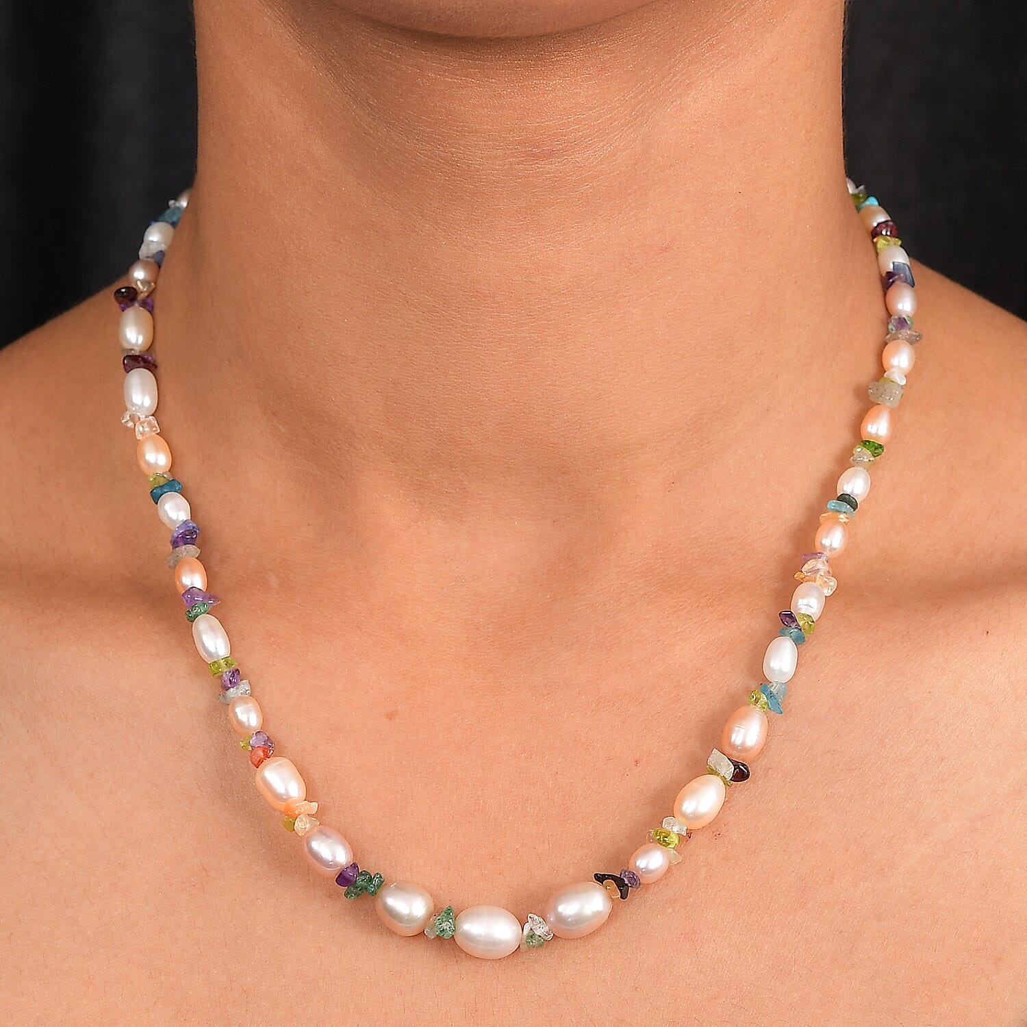Multi Color Fresh Water Pearl & Multi Gemstones Necklace (Size - 18-2 Ext) with Lobster Clasp in Rhodium Overlay Sterling Silver 95.00 Ct.