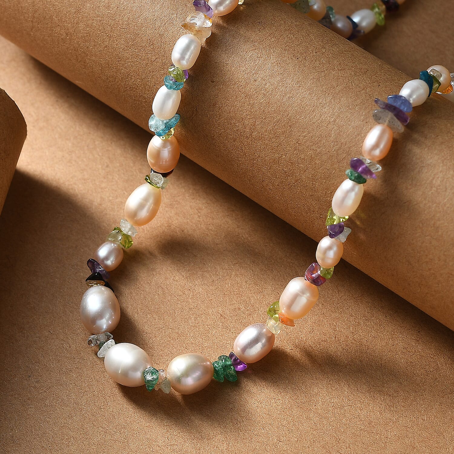 Multi Color Fresh Water Pearl & Multi Gemstones Necklace (Size - 18-2 Ext) with Lobster Clasp in Rhodium Overlay Sterling Silver 95.00 Ct.
