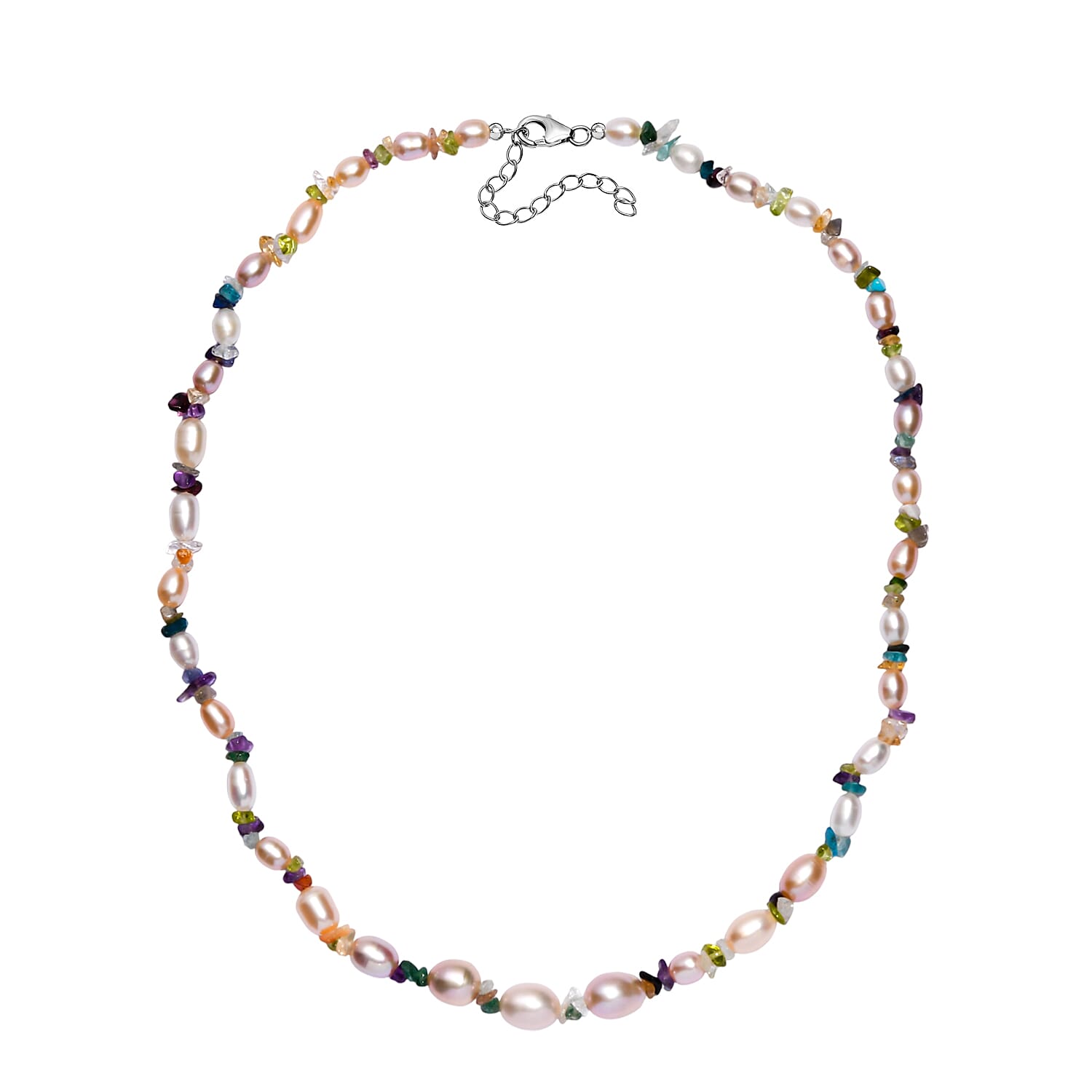 Multi Color Fresh Water Pearl & Multi Gemstones Necklace (Size - 18-2 Ext) with Lobster Clasp in Rhodium Overlay Sterling Silver 95.00 Ct.