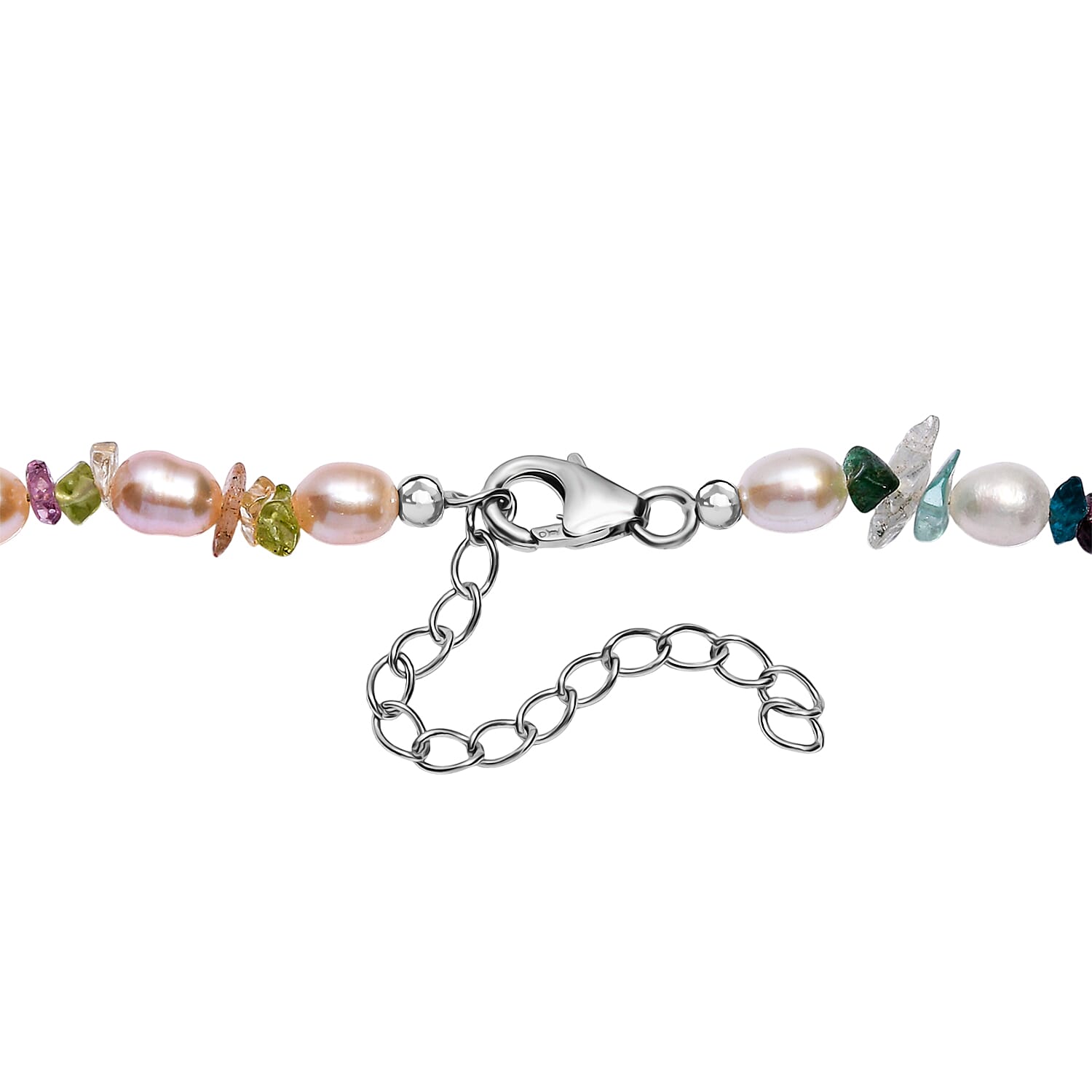 Multi Color Fresh Water Pearl & Multi Gemstones Necklace (Size - 18-2 Ext) with Lobster Clasp in Rhodium Overlay Sterling Silver 95.00 Ct.