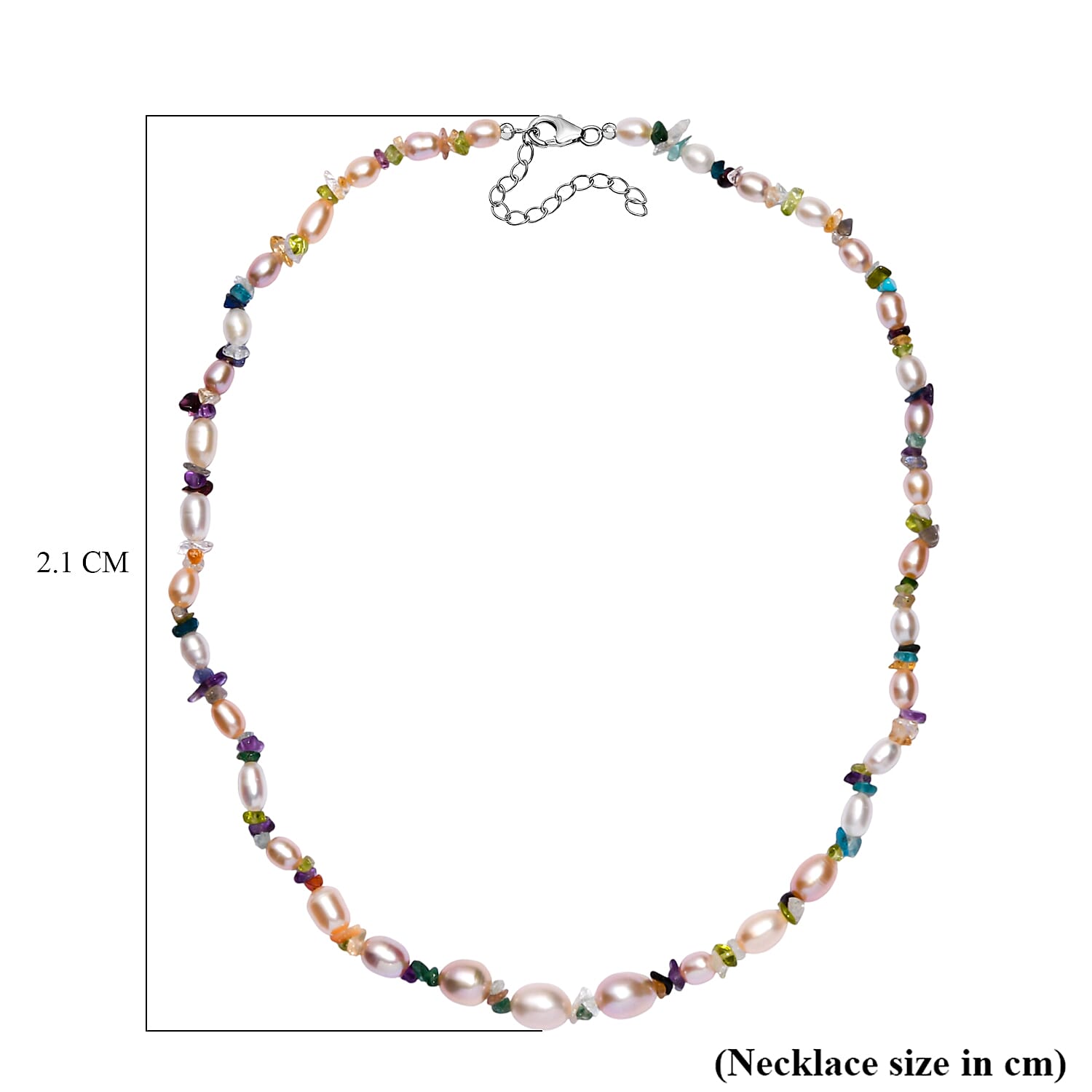Multi Color Fresh Water Pearl & Multi Gemstones Necklace (Size - 18-2 Ext) with Lobster Clasp in Rhodium Overlay Sterling Silver 95.00 Ct.