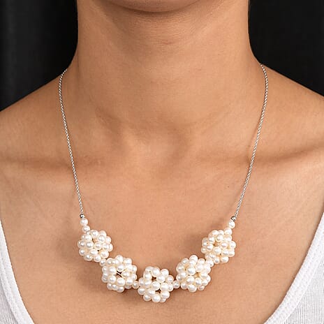 Fresh Water Pearl Necklace (Size - 20) with Lobster Clasp in Rhodium Overlay Sterling Silver 145.00 Ct.