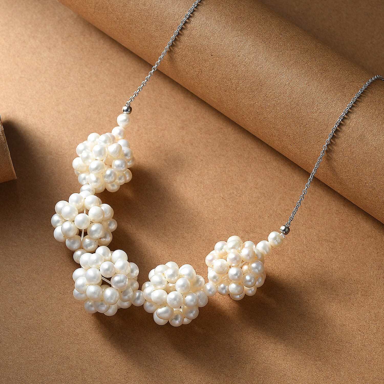 Fresh Water Pearl Necklace (Size - 20) with Lobster Clasp in Rhodium Overlay Sterling Silver 145.00 Ct.