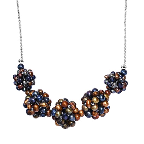 Peacock Dyed Pearl Necklace (Size - 20) with Lobster Clasp in Rhodium Overlay Sterling Silver 75.00 Ct.