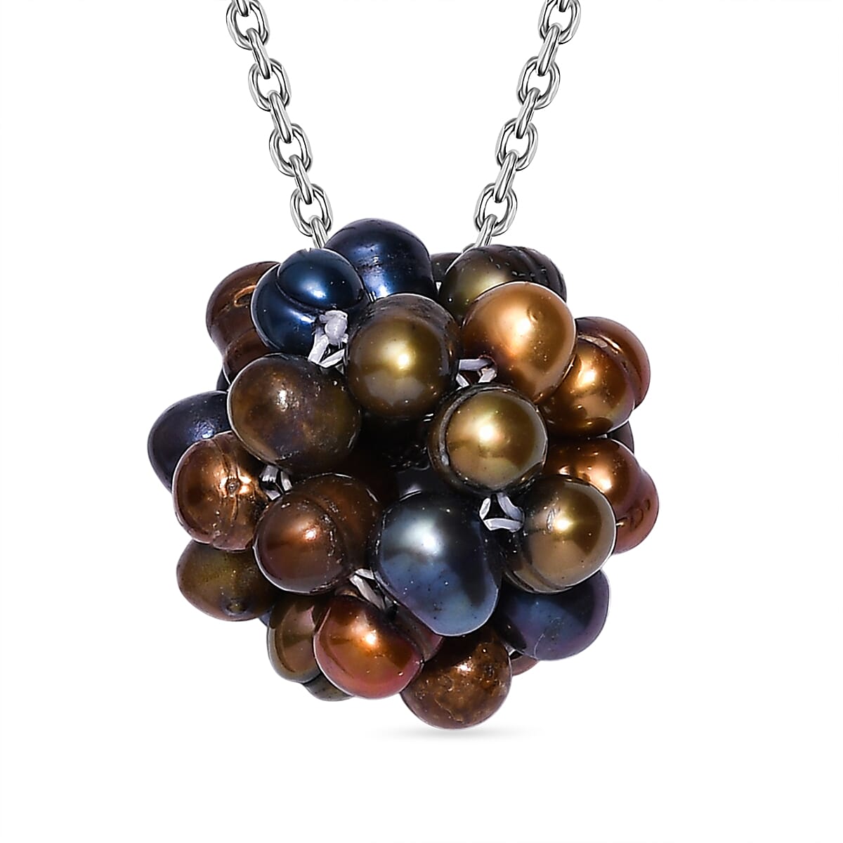 Peacock Dyed Pearl Necklace (Size - 20) with Lobster Clasp in Rhodium Overlay Sterling Silver 18.00 Ct.