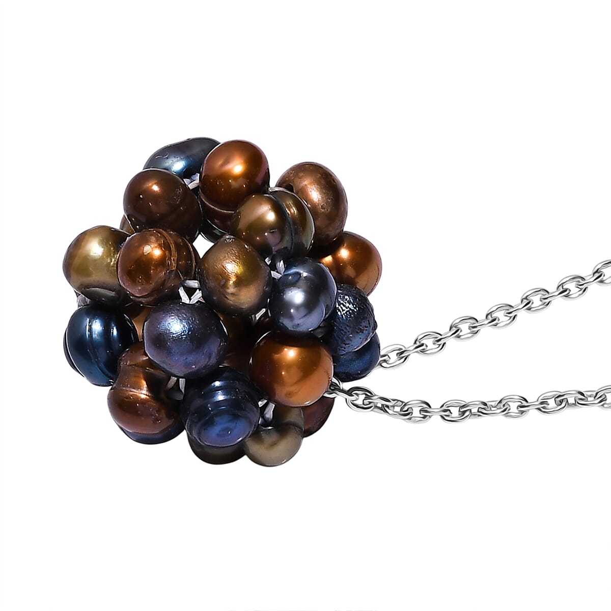 Peacock Dyed Pearl Necklace (Size - 20) with Lobster Clasp in Rhodium Overlay Sterling Silver 18.00 Ct.