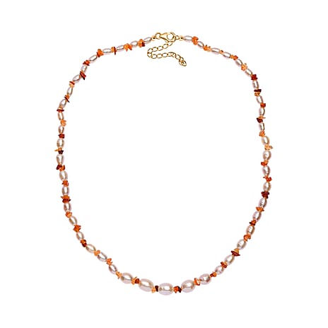 Fresh Water Pearl & Fire Opal Necklace (Size - 18-2 Ext) in 18K Vermeil Yellow Gold Plated Sterling Silver 95.00 Ct.