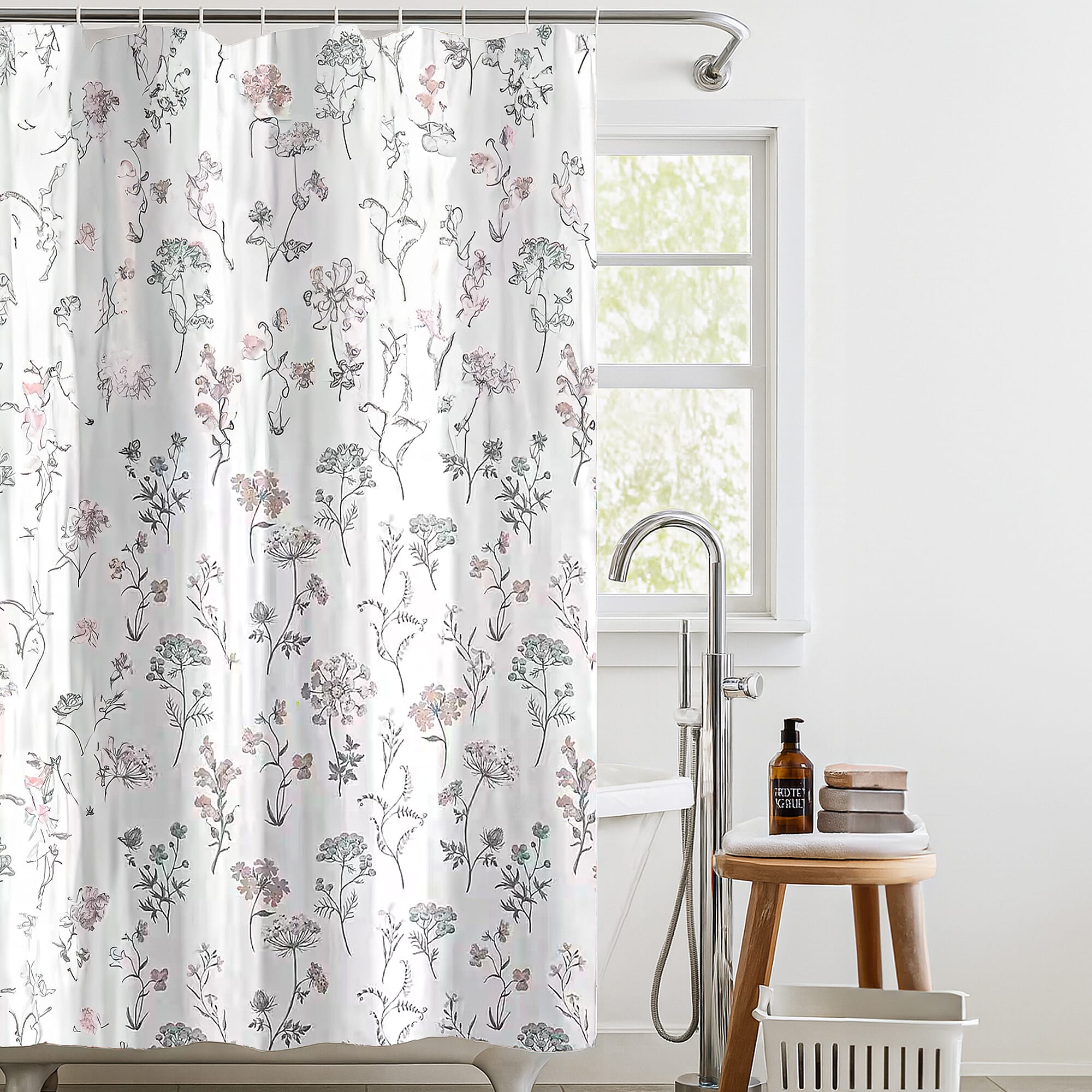 Country Club Elegant Fleur Floral Design Shower Curtain with Hooks (180x180cm) - Grey