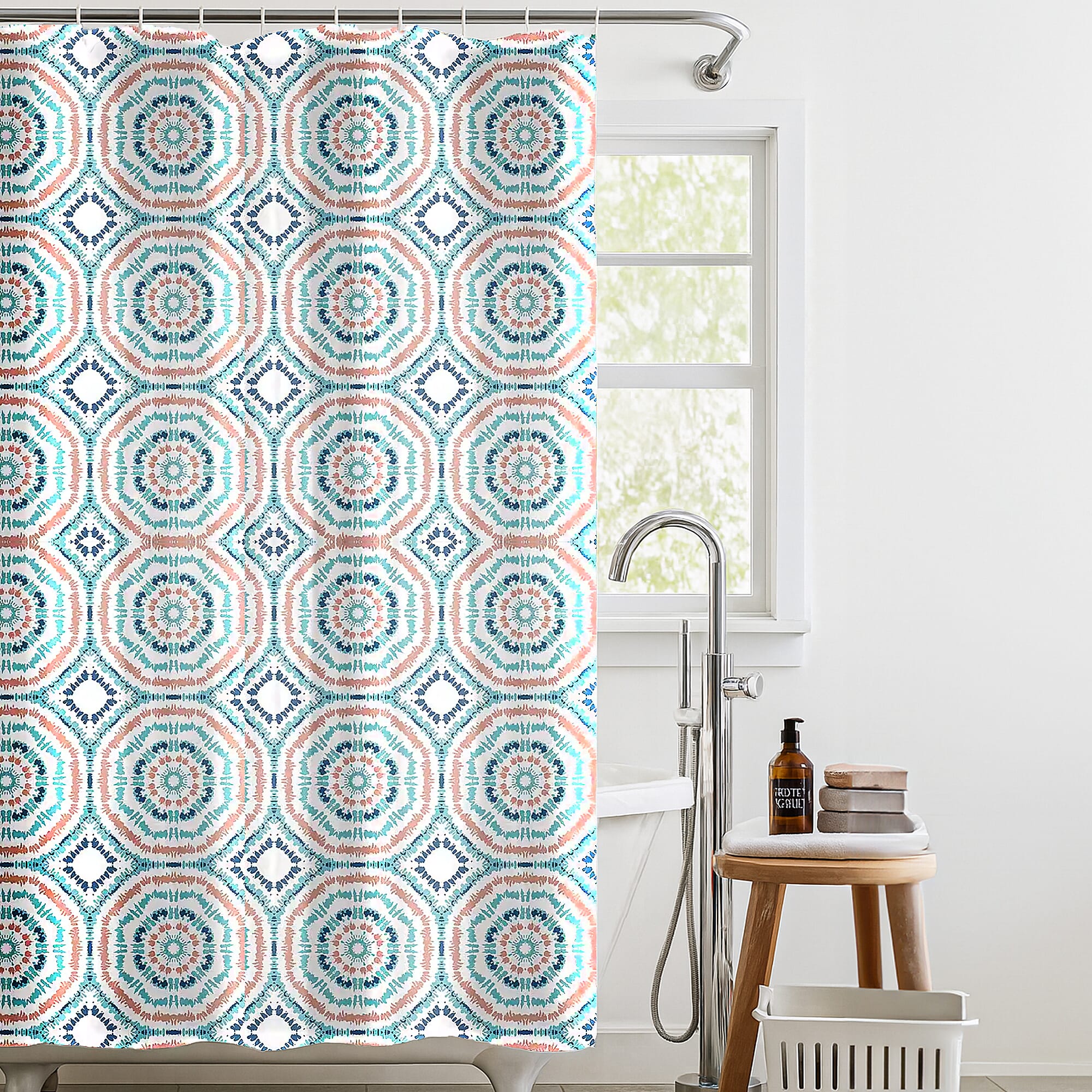 Country Club Elegant Penny Design Shower Curtain with Hooks (180x180cm) - Blue