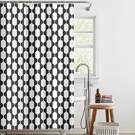 Country Club Retro Monochrome Honeycomb Design Shower Curtain with Hooks (180x180cm) - Black & White