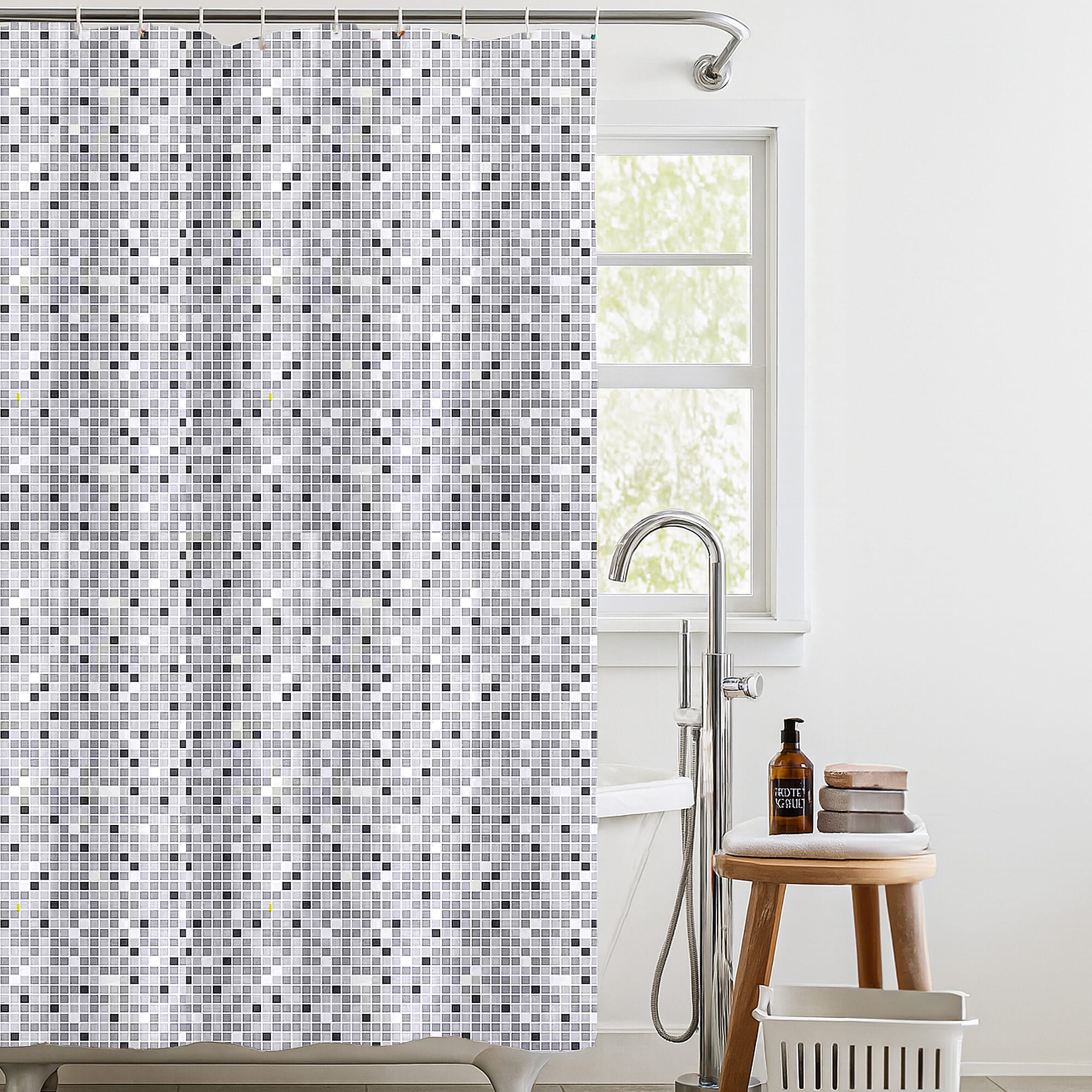 Country Club Elegant B&W Mosaic Design Shower Curtain with Hooks (180x180cm) - Dark Blue
