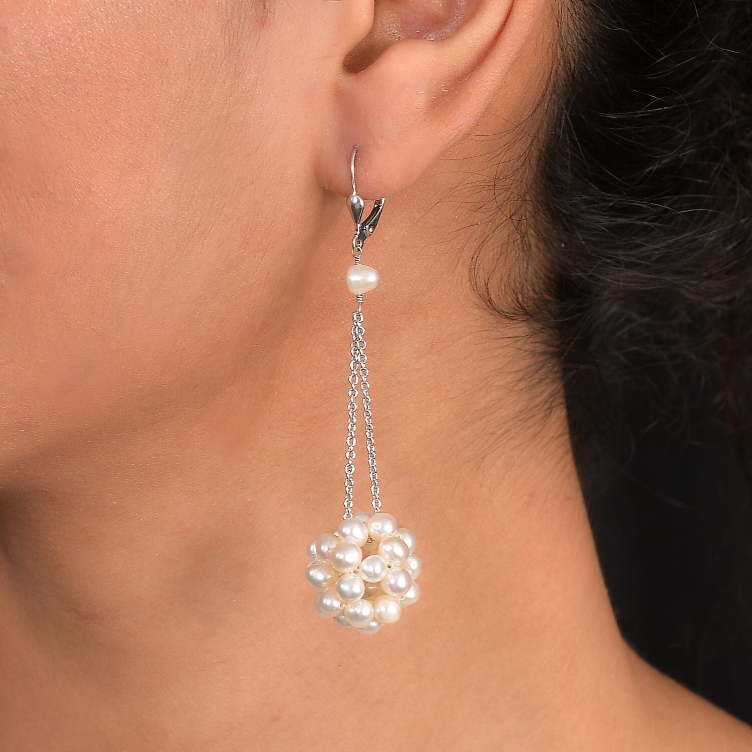Fresh Water Pearl Earring with Lever Back in Rhodium Overlay Sterling Silver 35.00 Ct.