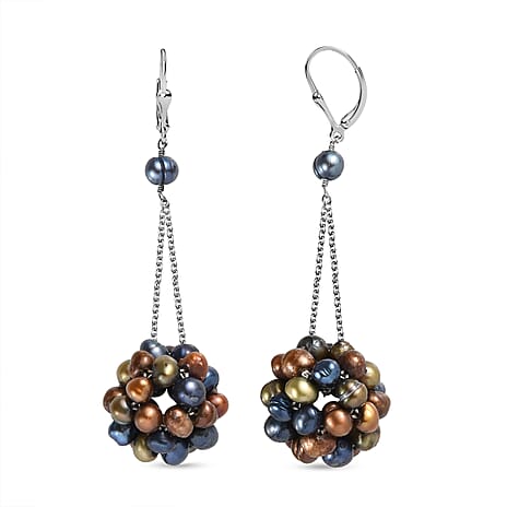 Peacock Dyed Pearl Earring with Lever Back in Rhodium Overlay Sterling Silver 30.00 Ct.