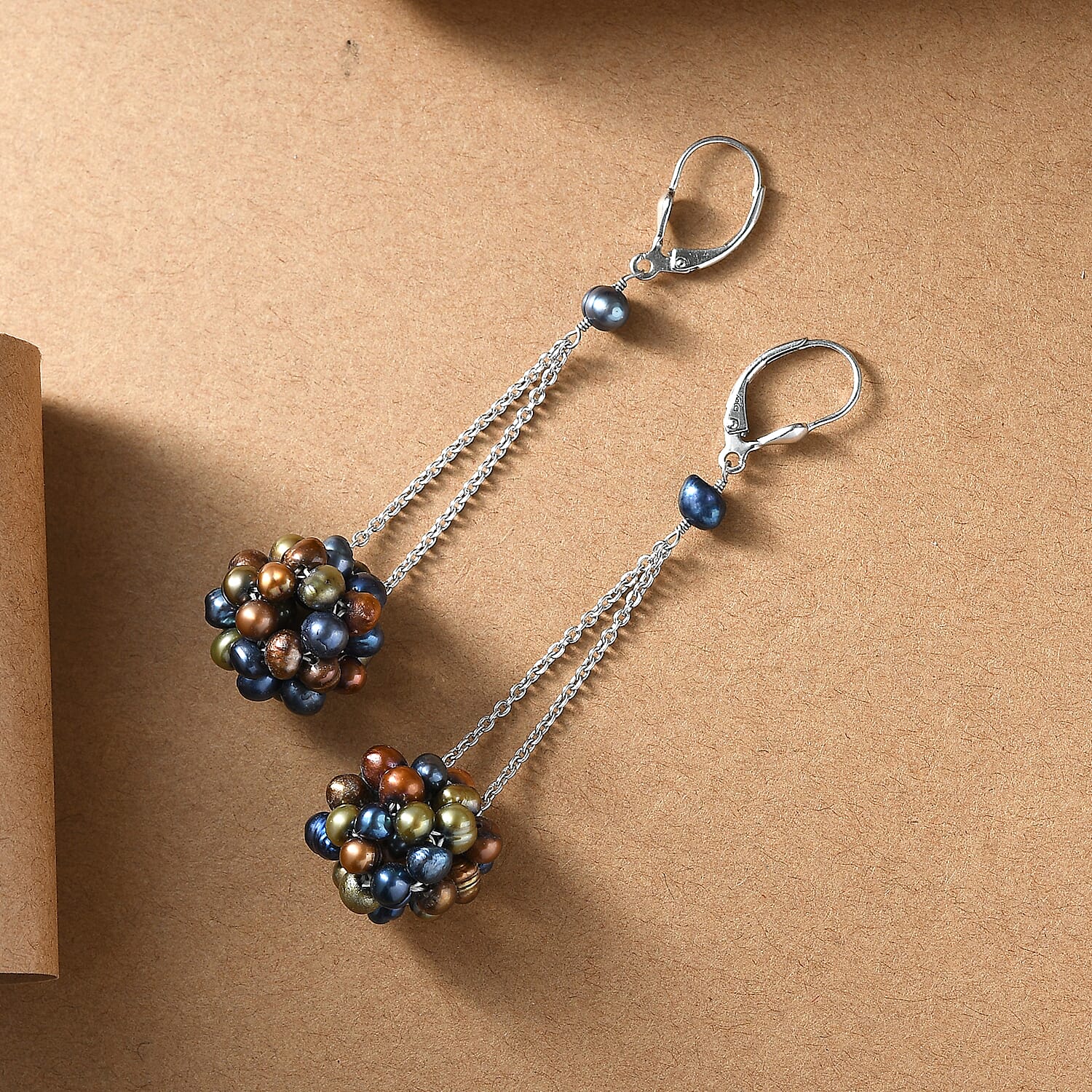 Peacock Dyed Pearl Earring with Lever Back in Rhodium Overlay Sterling Silver 30.00 Ct.