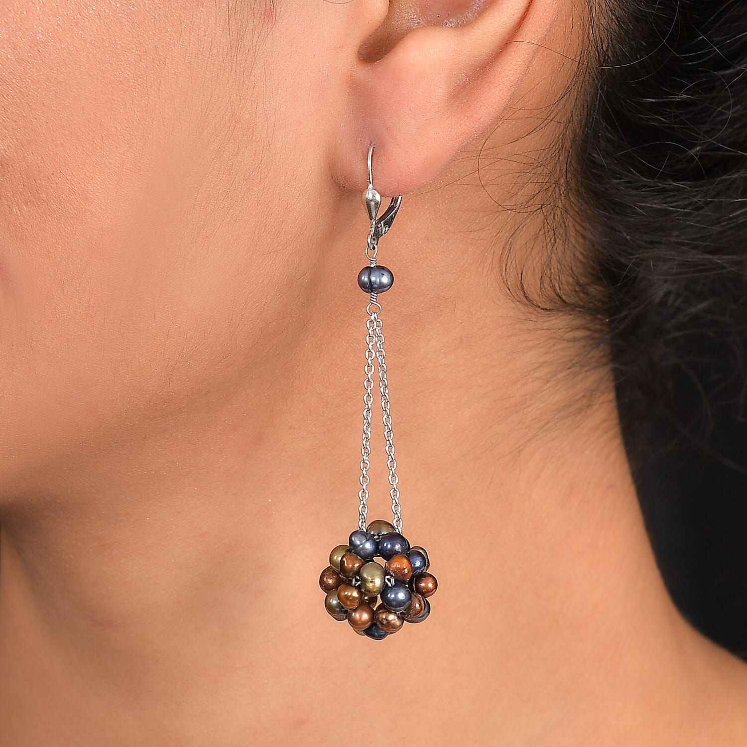 Peacock Dyed Pearl Earring with Lever Back in Rhodium Overlay Sterling Silver 30.00 Ct.