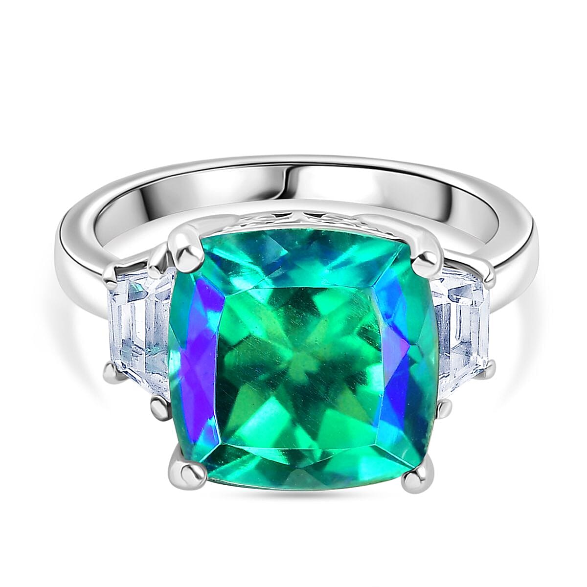 Djoy Peacock Triplet Quartz & White Topaz Ring in Rhodium Overlay Sterling Silver 7.12 Ct.