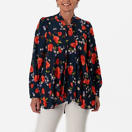 Floral Print Tie-Neck Ruffle Blouse (Size 16) - Navy