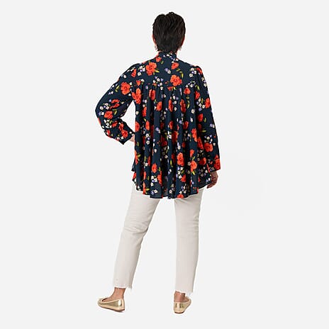 Floral Print Tie-Neck Ruffle Blouse (Size 22) - Navy