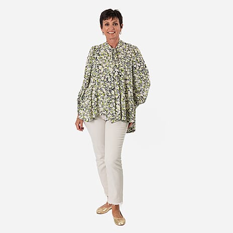 Floral - Leaf Print Tie-Neck Ruffle Blouse (Size 16) - Black with White - Green Flowers