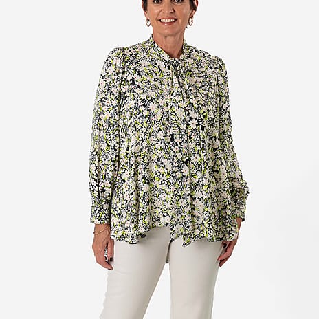 Floral - Leaf Print Tie-Neck Ruffle Blouse (Size 16) - Black with White - Green Flowers