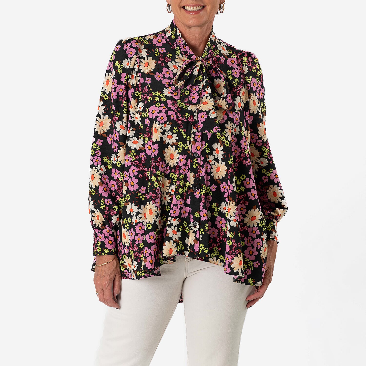 Floral Print Tie-Neck Ruffle Blouse