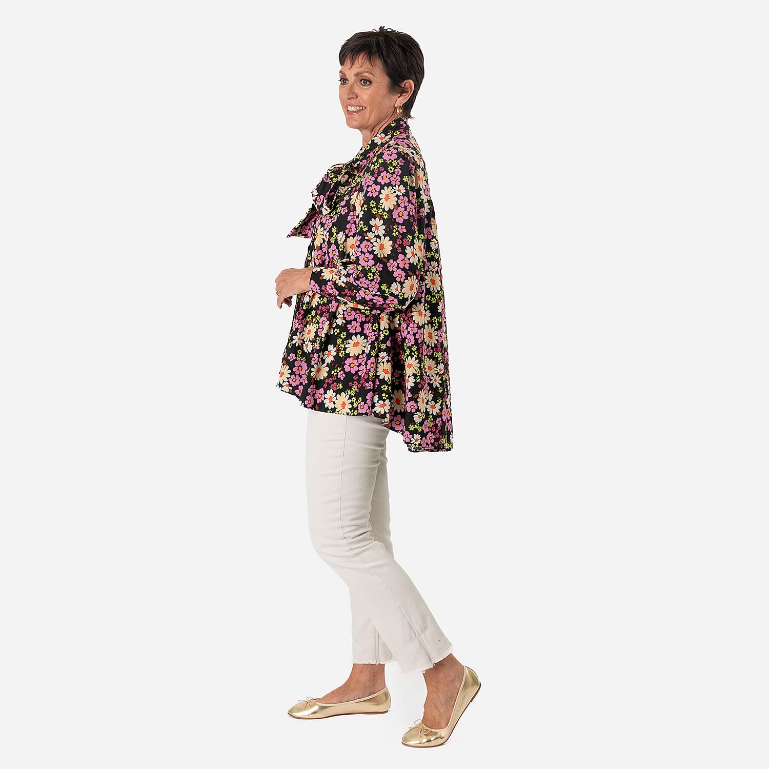 Floral Print Tie-Neck Ruffle Blouse