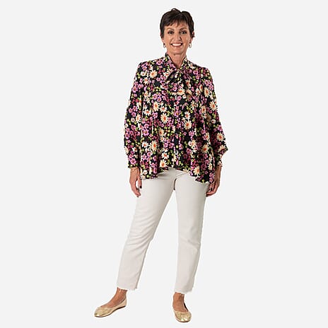 Floral Print Tie-Neck Ruffle Blouse (Size 20) - Black