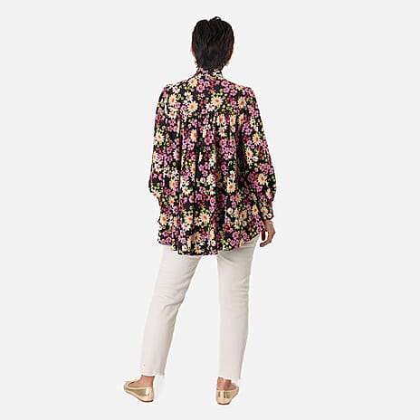 Floral Print Tie-Neck Ruffle Blouse (Size 20) - Black