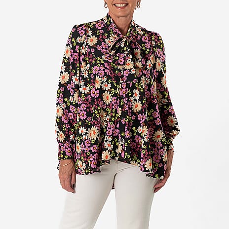 Floral Print Tie-Neck Ruffle Blouse (Size 20) - Black