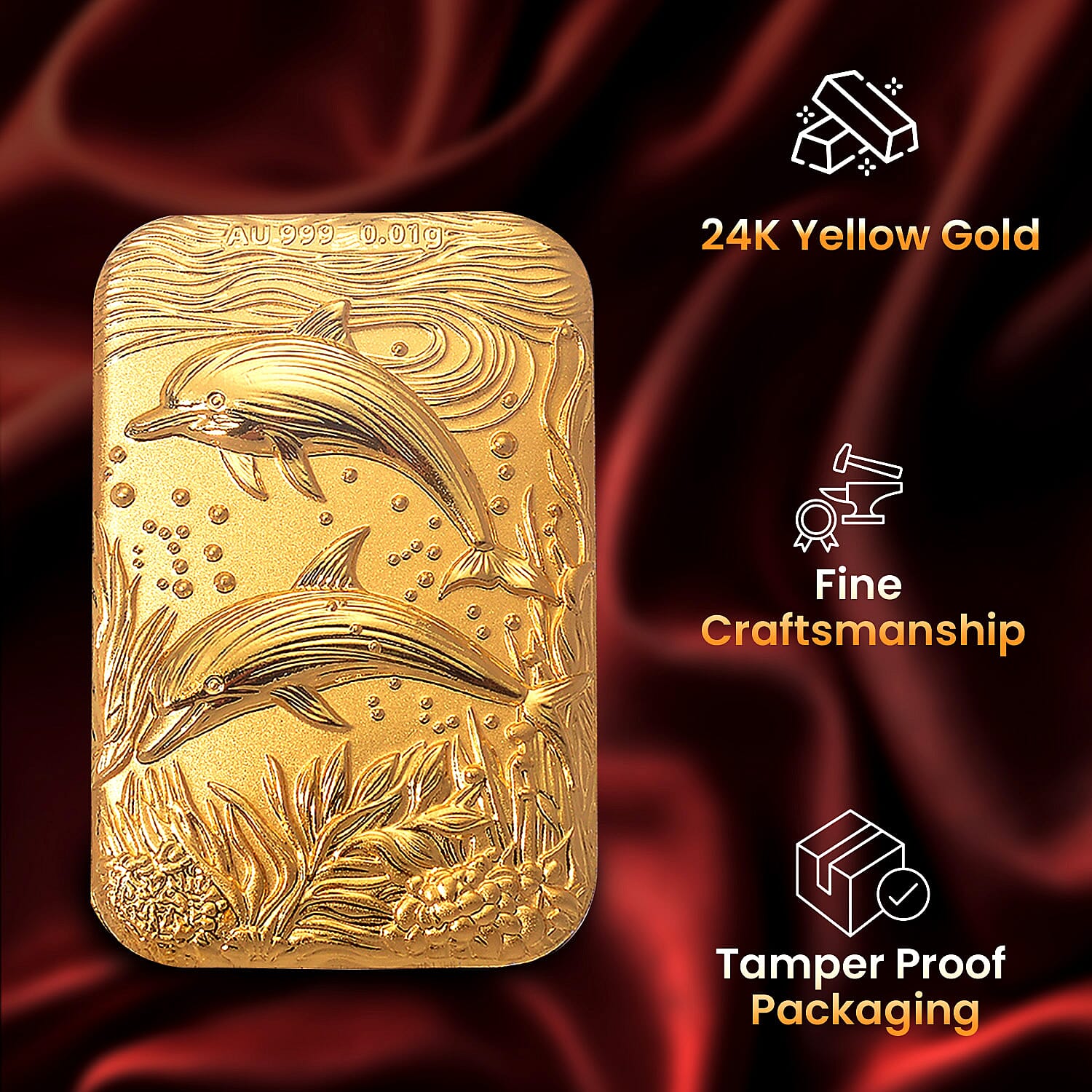 24K Yellow Gold (99.9% Purity) Dolphin Embossed Collectible (39.85 x 25.95 mm)