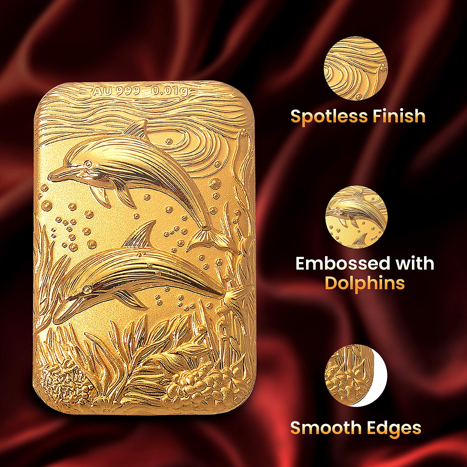 24K Yellow Gold (99.9% Purity) Dolphin Embossed Collectible (39.85 x 25.95 mm)