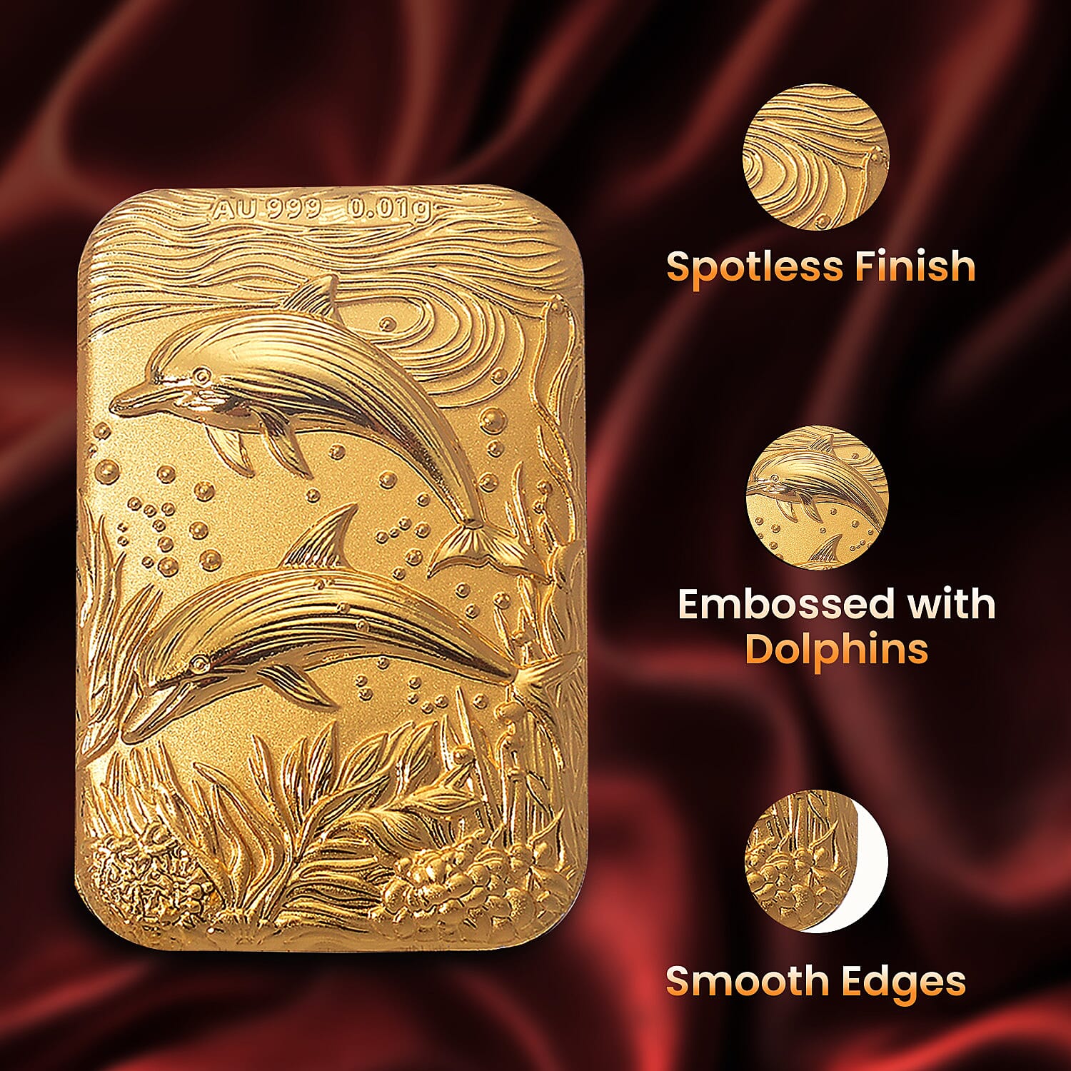 24K Yellow Gold (99.9% Purity) Dolphin Embossed Collectible (39.85 x 25.95 mm)