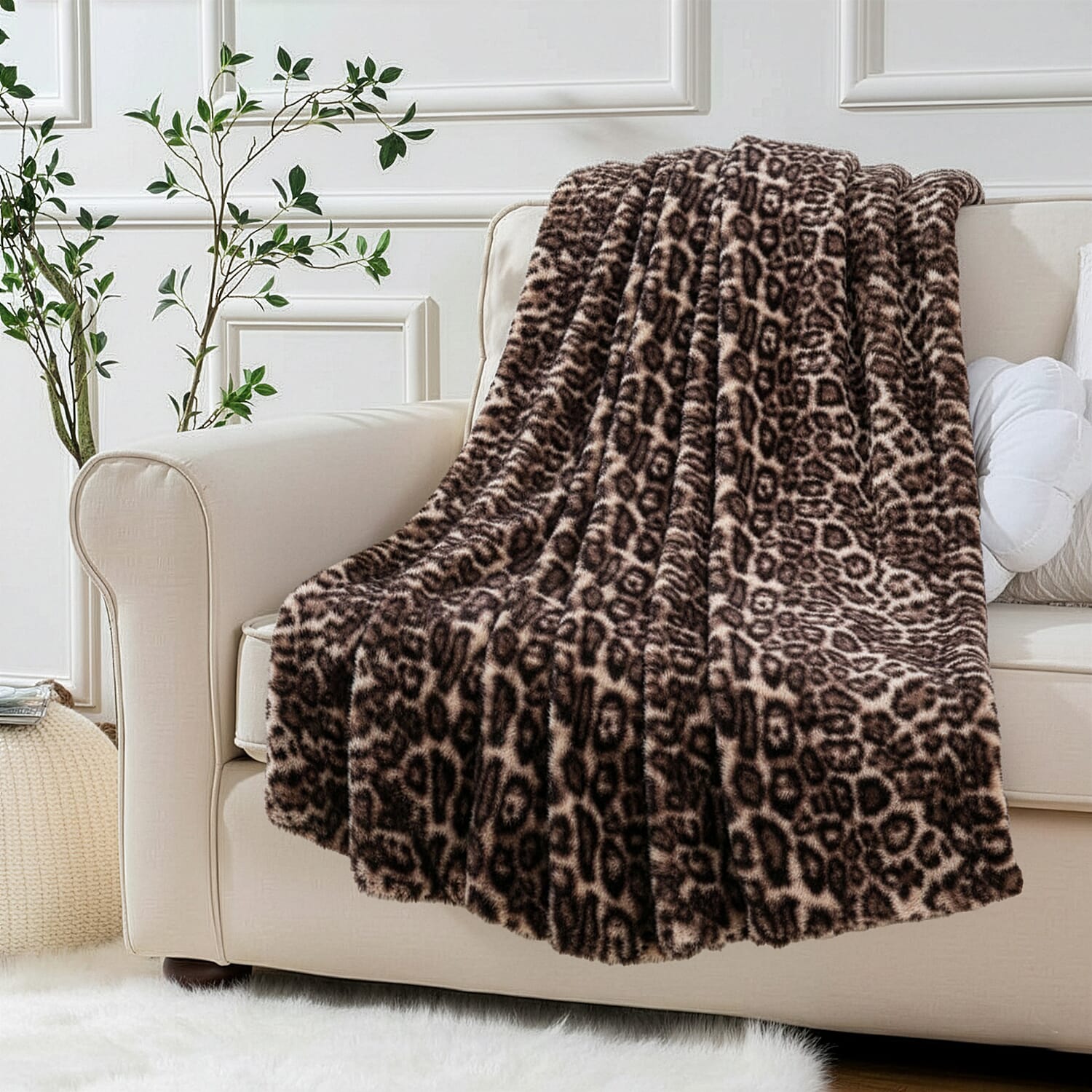 HUSH HAVEN Ultra Luxurious Double Layer Super Soft Faux Fur Leopard Print Blanket 500 GSM for Sumptuous Warmth (180x150 cm) - Light Brown