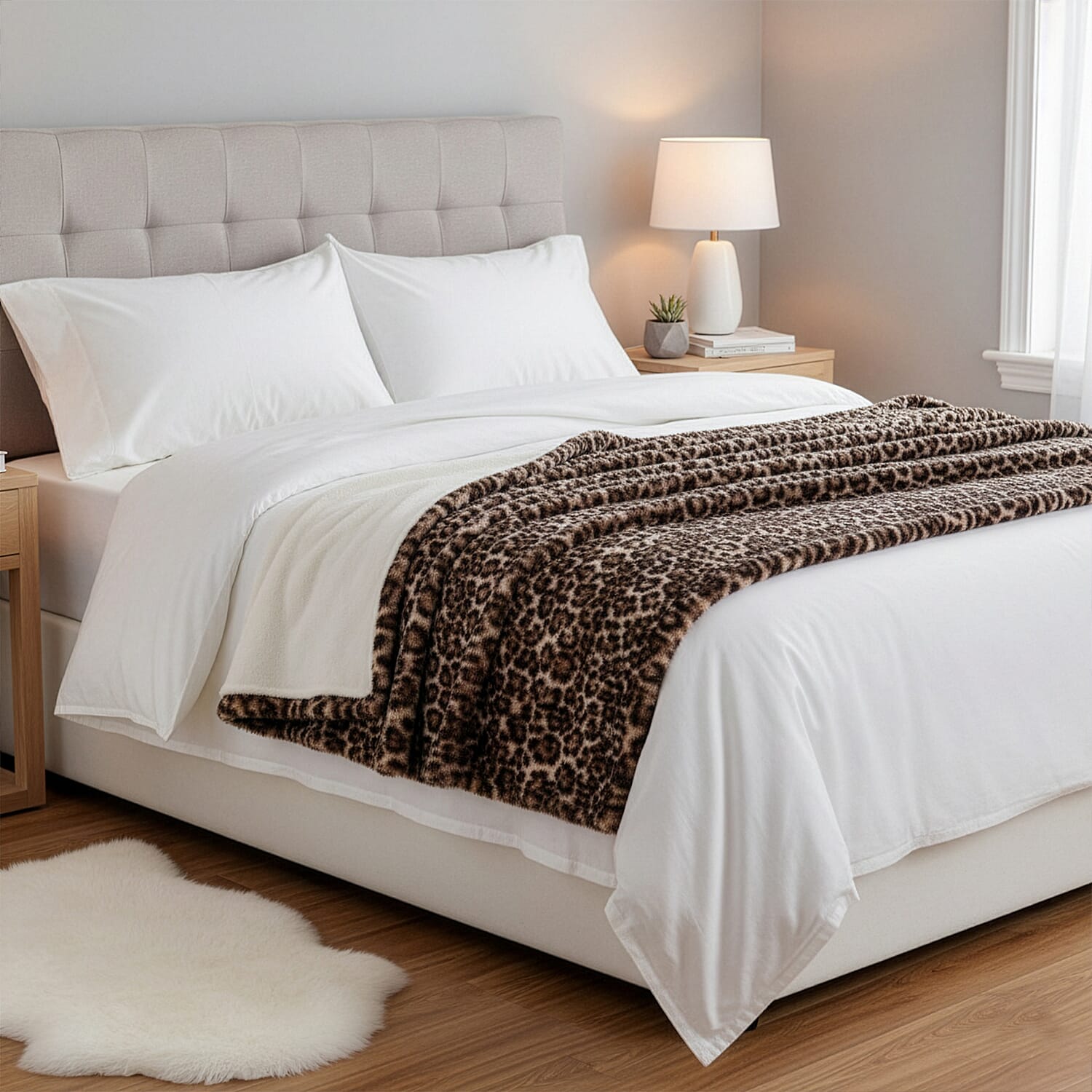 HUSH HAVEN Ultra Luxurious Double Layer Super Soft Faux Fur Leopard Print Blanket 500 GSM for Sumptuous Warmth (180x150 cm) - Light Brown