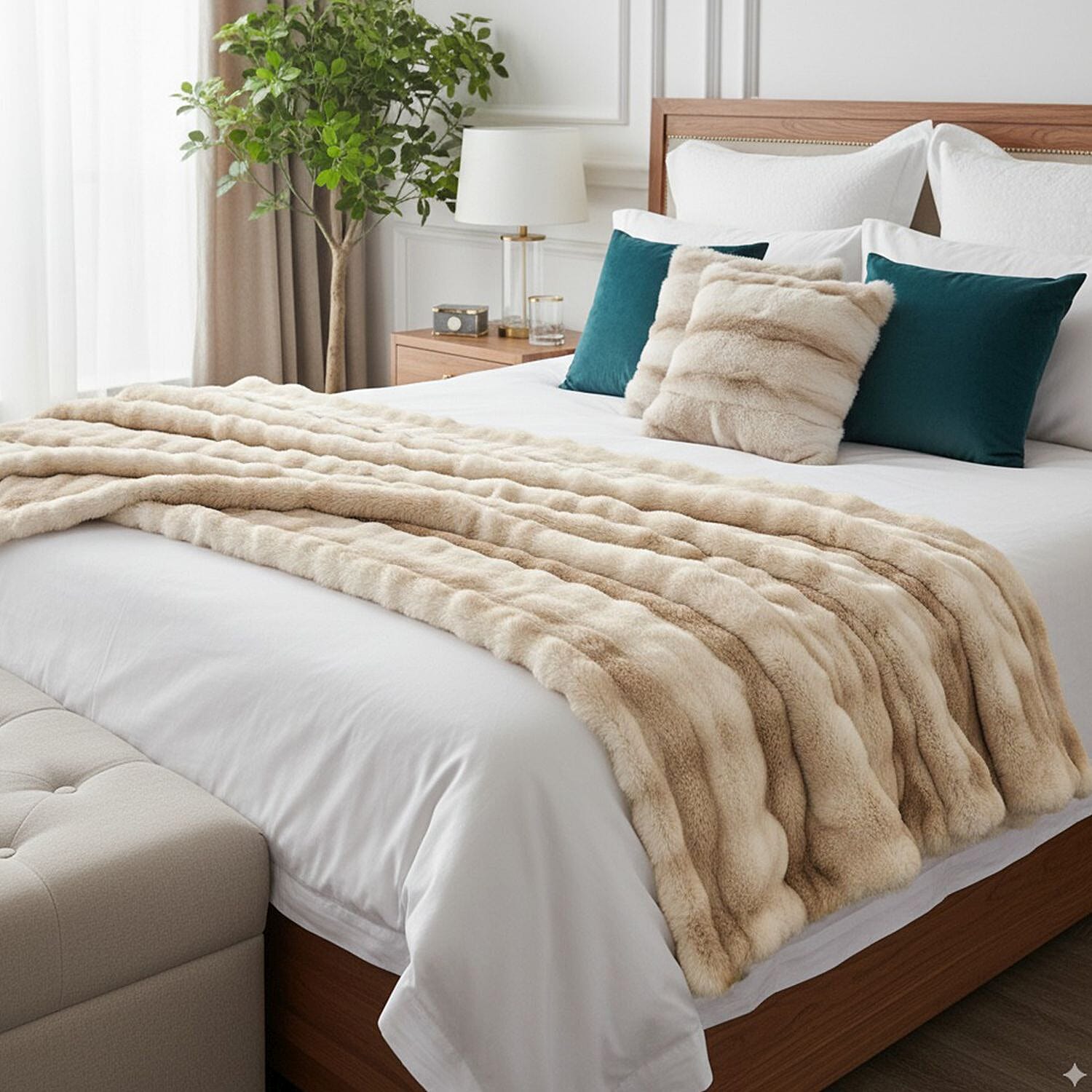 SIGNATURE LUXE SUPERSOFT BLANKET - HUSH HAVEN Double Layer 800 GSM Bubble Pattern Ultra soft Faux Fur Blanket (200 x 150 cm) - Warm Beige