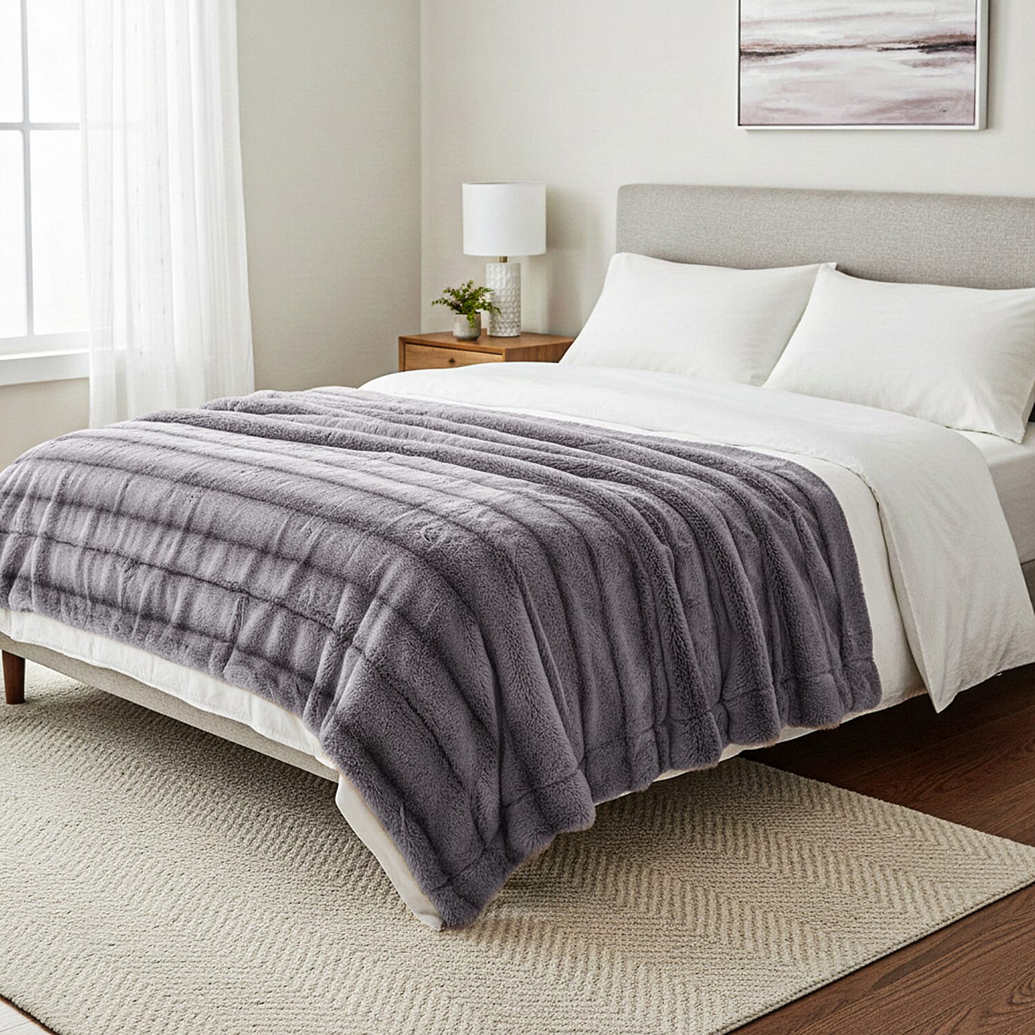 Hush Haven Luxury Double Layer Faux Fur Reversible Blanket - Light Grey