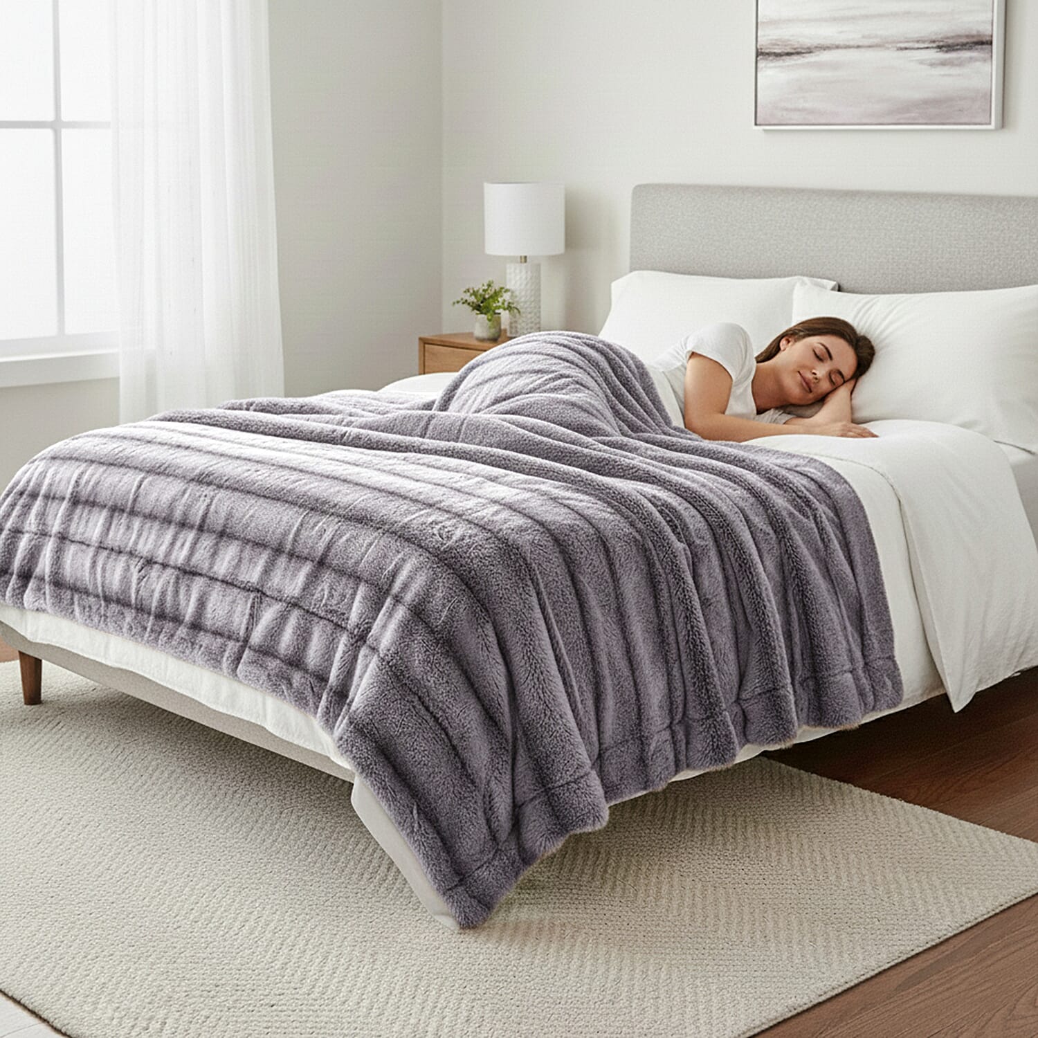 Hush Haven Luxury Double Layer Faux Fur Reversible Blanket - Light Grey